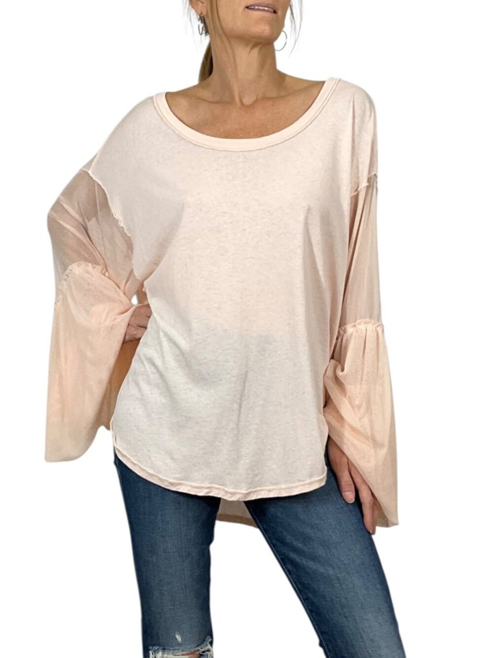 Free People Still Got It Tee Top S Pink Oversized Mesh Bell Sleeves - Picture 2 of 16